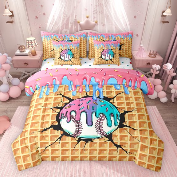 Erosebridal Baseball Sport Twin Bedding Sets for Kids Boys Girls, Ice Cream Drip Waffle Bedding Comforter Set, Colorful Polka Dots Reversible, 7 Pieces