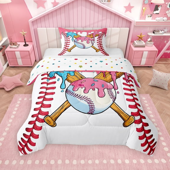 Erosebridal Baseball Sport Twin Comforter Sets for Kids Boys Girls, Ice Cream Drip Bedding Set, Pink, Colorful Polka Dots Reversible, 1 Comforter and 1 Pillowcase