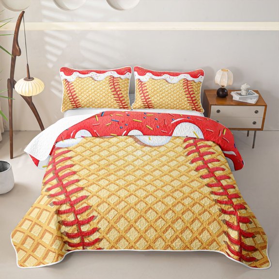 Erosebridal Baseball Waffle Grid Bed Spread Queen for Girls, Red Ice Cream Drip Queen Coverlet Set, 3-Piece