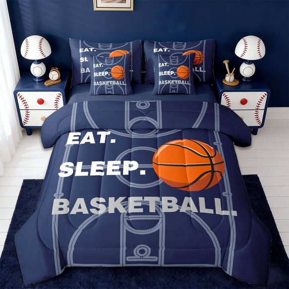 Erosebridal Basketball Ball Game Kids 7-Piece Twin Bedding Sets,Sport Theme Bedding Comforter Set For Boys,Reversible navy blue