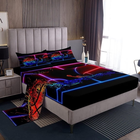 Erosebridal Basketball Bed Sheets Full 3D Sports Sheet Set Teens Men Tie Dye Fire and Ice Fitted Sheet Player Sport Game Soft Red Blue Bedding Set Bedroom Decor, Black