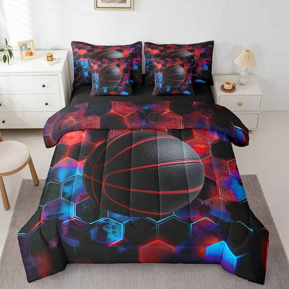 Erosebridal Basketball Bed in a Bag King size,Geometric Hexagon Bedding King Size,Sport Bedroom Decor,Reversible,Ultra Soft,7pcs