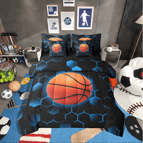 Erosebridal Basketball Bedding Sets Twin Size,Geometric Hexagon Comforter Sets with Sheets,Sport Bedroom Decor,Reversible,Breathable,7-Piece