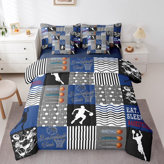 Erosebridal Basketball Bedding Sets Twin Size,Sports Theme Comforter Sets With Sheets,Blue Gray Plaid Bed In A Bag Twin Size, Super Cozy Room Decoration,7-Piece Reversible