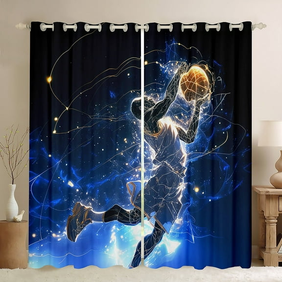 Erosebridal Basketball 30%-50% Blackout Curtains,Ball Sports Themed Curtains,Basketball Player Print Window Curtains & Drapes,Modern Abstract Window Treatments,Black Navy Blue,2 Panels,(42Wx63L)