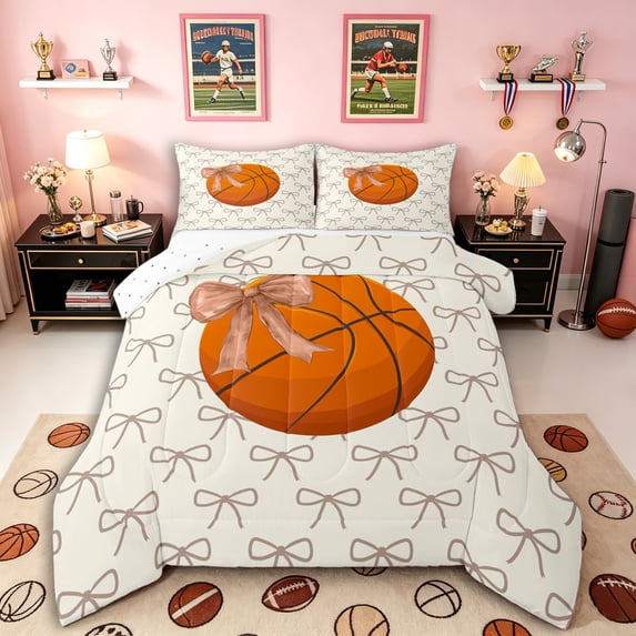 Erosebridal Basketball Bow Tie Print Full Size Comforter Sets 3 Pieces for Boys Girls,Kids Teens Sport Gamer Bedding Sets,Microfiber Bedroom Decor