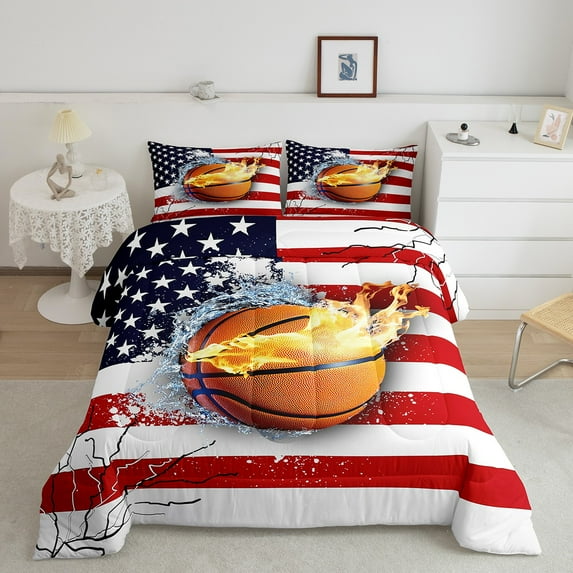 Erosebridal Basketball Comforter Set American Flag Comforter Rugby Sports Bedding Set Bedroom Decor Fire Basketball Duvet Set 2Pcs