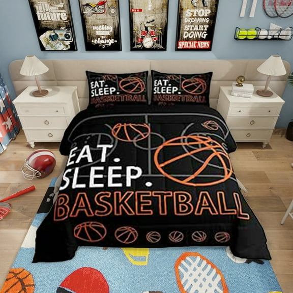 Erosebridal Basketball Comforter Set Black Orange Bedding Set Basketball Pattern Comforter Twin Size Sport Game Ball Theme Quilt Set