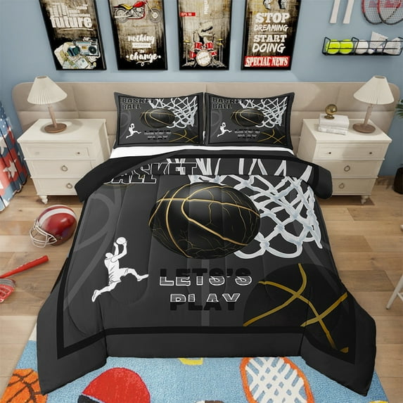 Erosebridal Basketball Comforter Set Full Size Basketball Player Bedding Set 3D Ball Pattern Gaming Sports Black Comforter Sports Theme Quilt Set