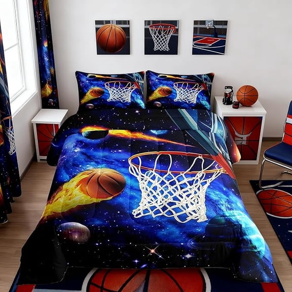 Erosebridal Basketball Comforter Set Teens,Basketball Hoop Bedding Comforter Twin Size,Galaxy Planet Printed Quilt Set
