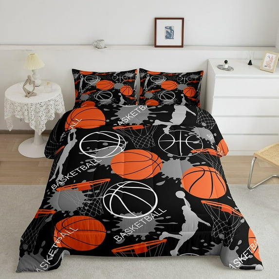Erosebridal Basketball Comforter Sets King Size for Teens, Black Grey Down Comforter, Ball Sport Duvet Insert, Lightweight Room Decoration, 3pcs