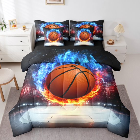 Erosebridal Basketball Court Bed in a Bag King Size, Fire and Ice Bed Set, Sports Bedroom Decor, Reversible 7pcs