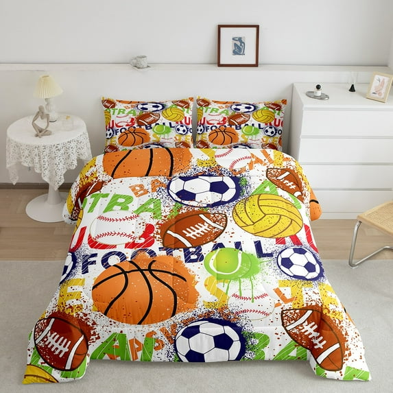 Erosebridal Basketball Football Comforter Sets Full Size, Watercolor Down Comforter, Ball Sport Duvet Insert, Breathable Bedroom Decorative, 3pcs