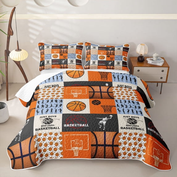 Erosebridal Basketball Game Boys Twin Quilt Set, Orange Plaid Twin Coverlet Set, 2 Pieces