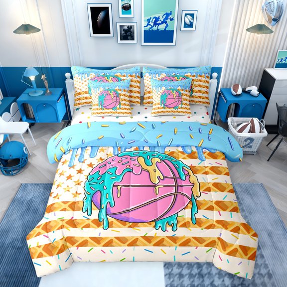 Erosebridal Basketball Ice Cream Drip Bedding Comforter Set, Waffle US Flag King Bedding Sets, Colorful Polka Dots Reversible, 7pcs