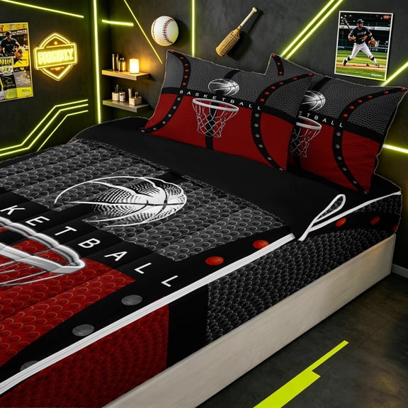 Erosebridal Basketball Lover Zipper Twin Comforter Sets with Fitted Sheet and 2 Pillowcases for Boys, Red Black Sport Court Zipper Bedding Set, Black Reversible, 4 Pieces
