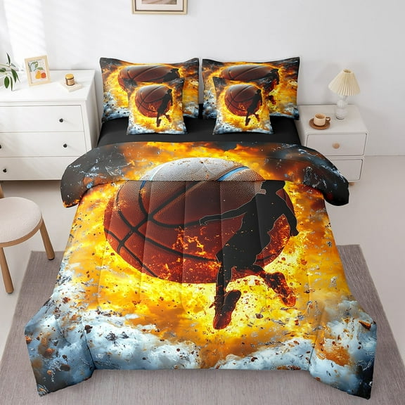 Erosebridal Basketball Print Bed in a Bag Twin size, Fire Flame Comforter Sets with Sheets, Reversible 7 Pieces