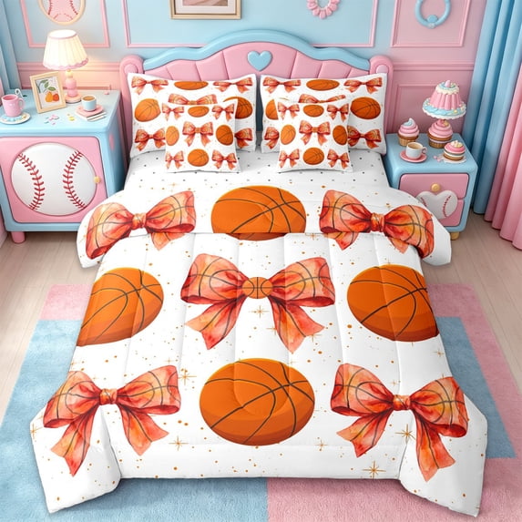 Erosebridal Basketball Print Bowknot 7-Piece Bedding Comforter Set,Kids Ball Sport Themed King Bedding Sets For Girls,Reversible