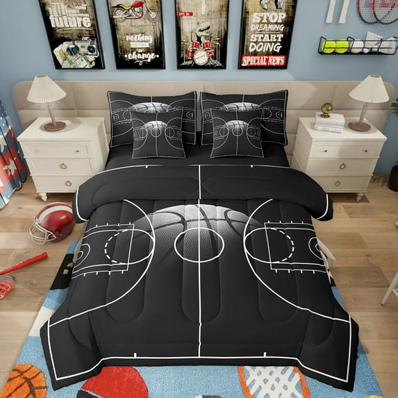 Erosebridal Basketball Print 7 Pieces Bed In A Bag Sports Game Bedding Set Kids Boys,Black Red Ball Court Sheet Set Twin Size Comforter Sets, Games Themed Fitted Sheet Home Decor