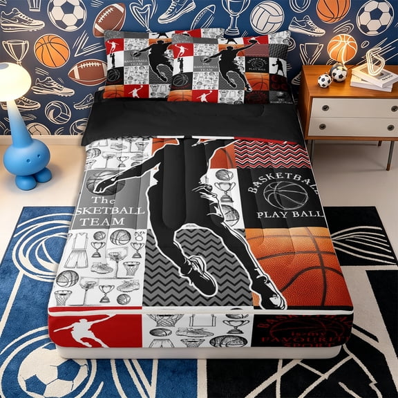 Erosebridal Basketball Silhouette Pattern Zipper Twin Comforter Sets with Fitted Sheet and 2 Pillowcases,Chevron Texture Print Zipper Bedding Set,Black Red Brown,Black Reversible