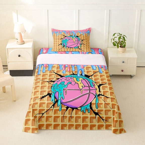 Erosebridal Basketball Sport Twin Sheet Sets for Kids Boys Girls, Ice Cream Drip Waffle Bedding, 1 Flat Sheet, 1 Fitted Sheet and 1 Pillowcase