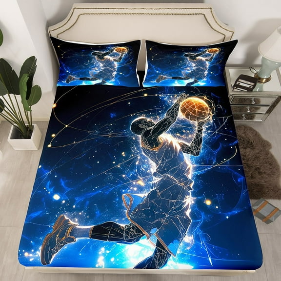Erosebridal Basketball Twin Bed Sheets,Ball Sports Themed Fitted Sheet Teens Men,Basketball Player Print Sheets,Modern Abstract Bed Set,Black Navy Blue(No Top Sheet)