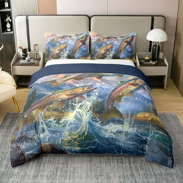 Erosebridal Bass Fish 100% Cotton Comforter Cover Twin, Rustic Hunting Bedding Twin Size, Retro American Flag Decor, Reversible（No Comforter）