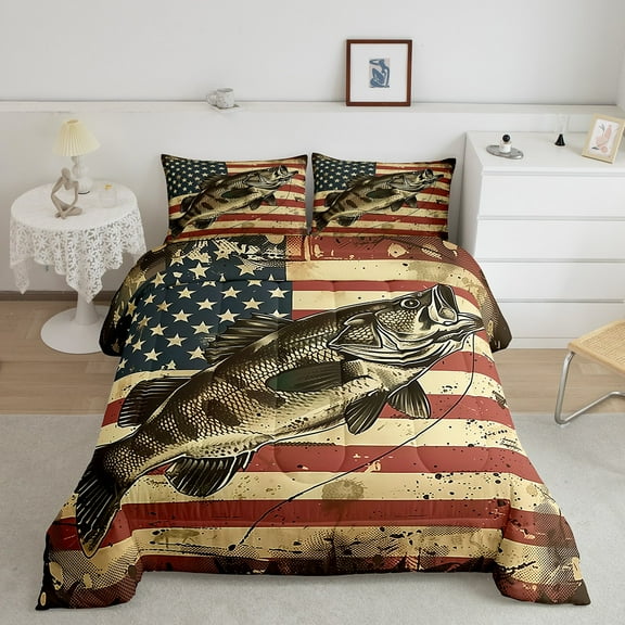 Erosebridal Bass Fish Bedding King Comforter Set, Rustic Hunting Down Comforter, Retro American Flag Decor, Reversible