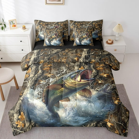 Erosebridal Bass Fish Bedding Queen Size,Tree Branches Comforter Sets with Sheets,Botanical Plants Bedding Sets Queen Size,Ultra Soft Fishing Bedroom Decoration,Reversible,7 Pieces