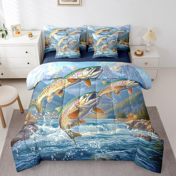 Erosebridal Bass Fish Bedding Twin Size, Hunting Fishing Bedding Sets Twin Size, Rustic Animal Decor, Reversible 7-Piece