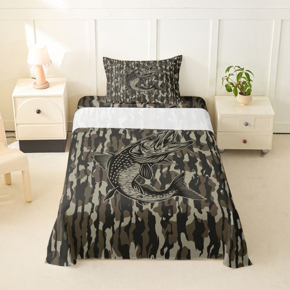 Erosebridal Bass Fish Kids Twin Sheet Sets, Rustic Camo Bedding, 3 Pieces