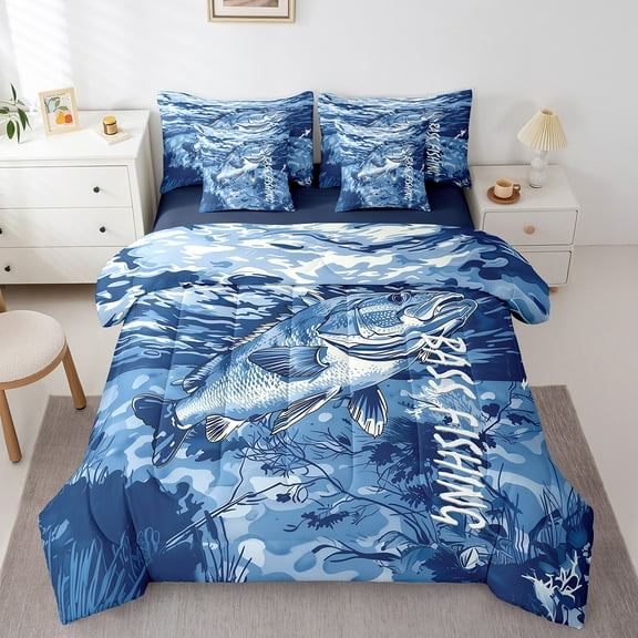 Erosebridal Bass Fishing Bed in a Bag Queen Size,Ocean Theme Bed Set,Fishermen Hunting Bedding Queen Size For Teens,Lightweight Bedroom Decorative Reversible,7pcs
