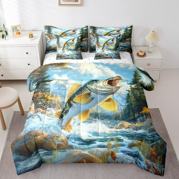 Erosebridal Bass Pike Fish Bed in a Bag Queen Size, Rustic River House Bed Set, Natural Theme Bedroom Decor Ultra Soft 7pcs