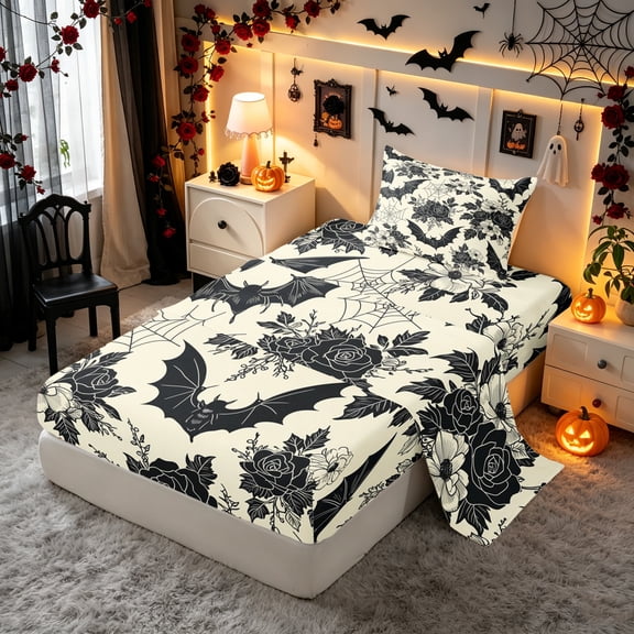 Erosebridal Bat Damask Twin Sheets, Vintage Floral Bedding, Cream Black, Black Reversible, 3pcs, 1 Flat Sheet, 1 Fitted Sheet and 1 Pillowcase
