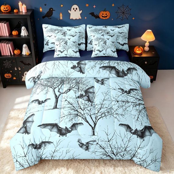 Erosebridal Bat Print King Bedding, Branches Botanical King Bed in a Bag, Cyan, Blue Reversible, 7pcs