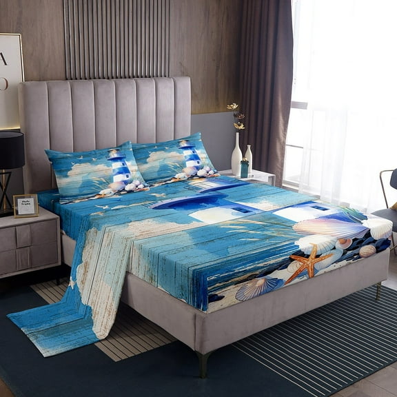 Erosebridal Beach Lighthouse Sheet Set Queen, Starfish Seashell Bedding Sets Queen Size, Wooden Plank Decor