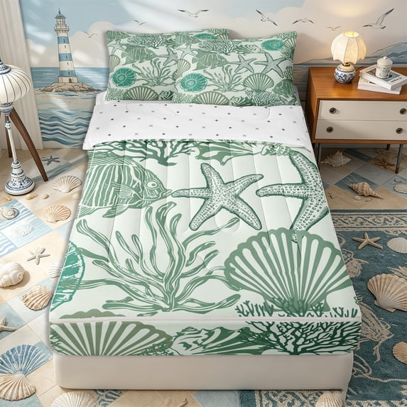 Erosebridal Beach Sea Life Pattern Zipper Queen Comforter Set with Fitted Sheet and 2 Pillowcases,Boho Coral Conch Print Zipper Bedding Set,Mint Green White,Reversible