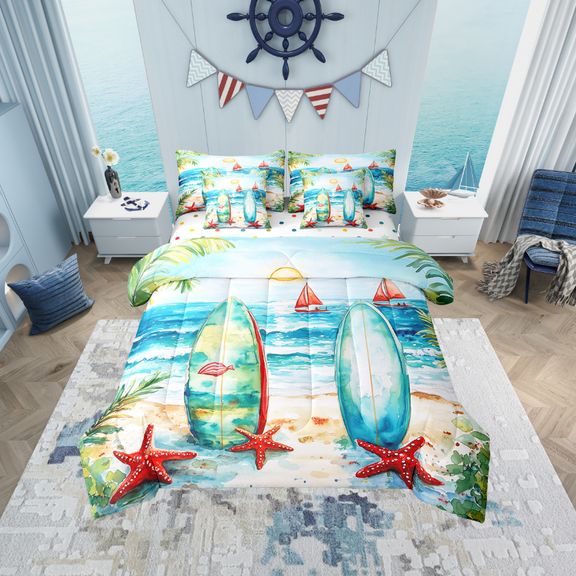 Erosebridal Beach Surfboard Bedding Sets Twin Size, Summer Holiday Comforter Sets with Sheets, Cute Starfish Reversible Bed Set, Breathable Room Decorative, 7pcs