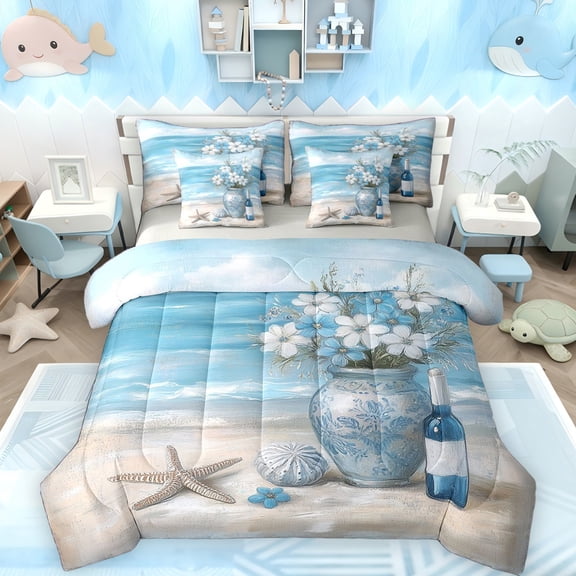 Erosebridal Beach Theme Bedding Comforter Set for Girls, Ocean Starfish Queen Bedding Sets, Gray Reversible, 7pcs