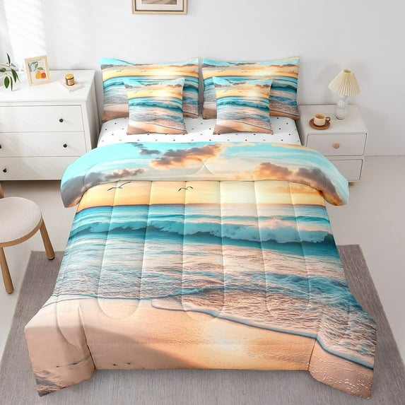 Erosebridal Beach Theme Comforter Set Full 7 Pcs Hawaiian Beach Ocean Waves Sea Nature Pattern Printed Bedding Set Summer Holiday Vacation Bed in a Bag with Comforter,Sheets