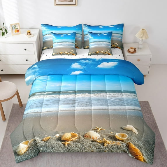 Erosebridal Beach Theme Comforter Set Full 7 Pcs Starfish Seashell Conch Ocean Sea Nature Pattern Bedding Set Summer Holiday Vacation Bed in a Bag with Comforter,Sheets