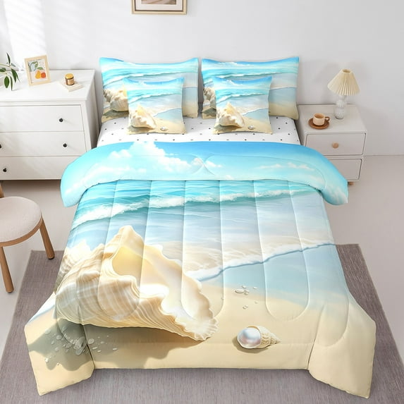Erosebridal Beach Theme Comforter Set King Size 7 Pieces Conch Ocean Sea Nature Pattern Bedding Set Summer Holiday Vacation Bed in a Bag with Comforter,Sheets