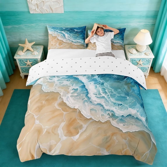 Erosebridal Beach Theme Duvet Cover Set,Sea Ocean Wave Bedding Full For Girls Kids,Reversible,3-Piece(No Comforter)