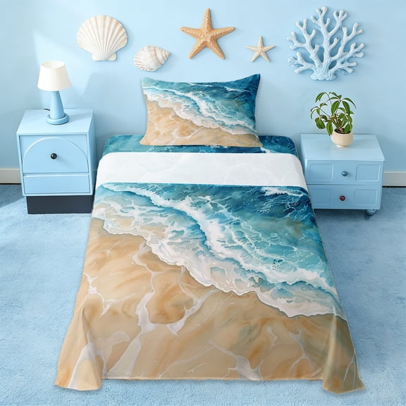 Erosebridal Beach Theme Twin Sheet Sets,Sea Ocean Wave Bedding For Girls Kids 3pcs