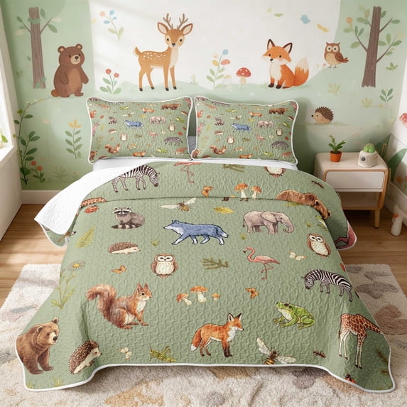 Erosebridal Bear Bed Spread Queen for Boys Girls, Forest Animals Queen Coverlet Set, 3-Piece 1 Quilt and 2 Pillowcases