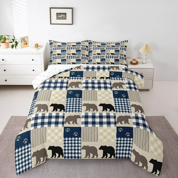 Erosebridal Bear Comforter Set Teens Adults,Cabin Lodge Animal Bedding Set,Wildlife Bed Set,Navy Blue Lattice Patchwork Down Comforter Bedroom Decor