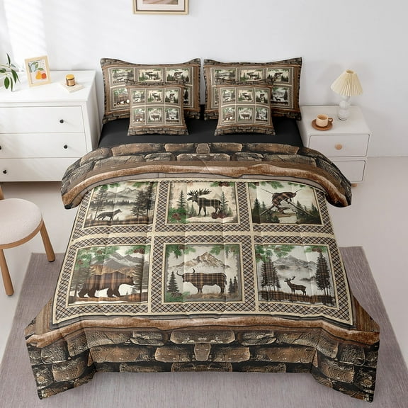 Erosebridal Bear Deer Wolf Bed in a Bag Full size,Geometric Plaid Bed Set,Woodland Animal Bedding Full Size,Ultra Soft Rustic Room Decorative,Reversible,7pcs