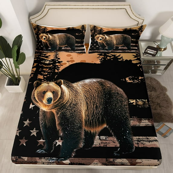 Erosebridal Bear Fitted Sheet Full,Vintage American Flag Bedding Set Full Size,Woodland Animal Decor,3pcs(No Top Sheet)