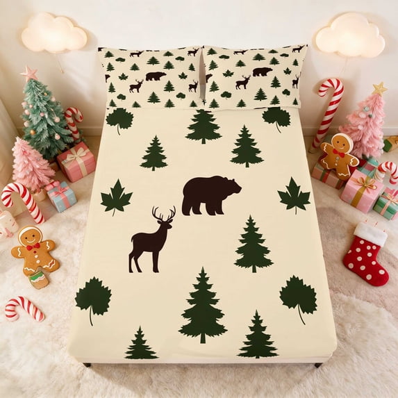 Manfei Bear Fitted Sheet Holiday Queen Bedding, Maroon Cream 3 Pieces 1 Fitted Sheet and 2 Pillowcases