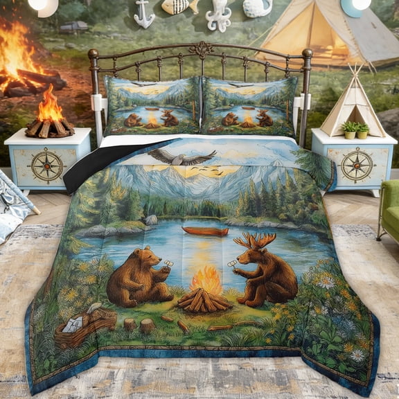 Erosebridal Bear Moose Animal Queen Comforter Set, Lake Mountain Campfire Bedding Comforter Set for Boys and Girls, 3 Pieces